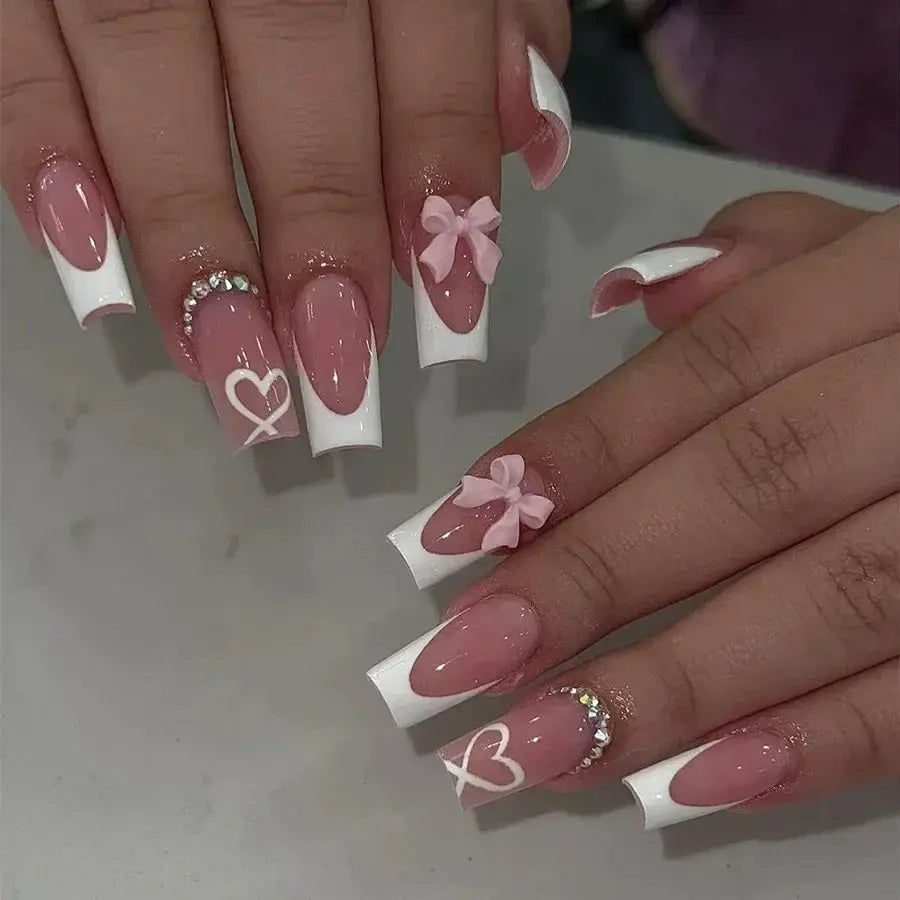 Mid Long Pink Leopard Press-On Nails with Bow by Cashymart