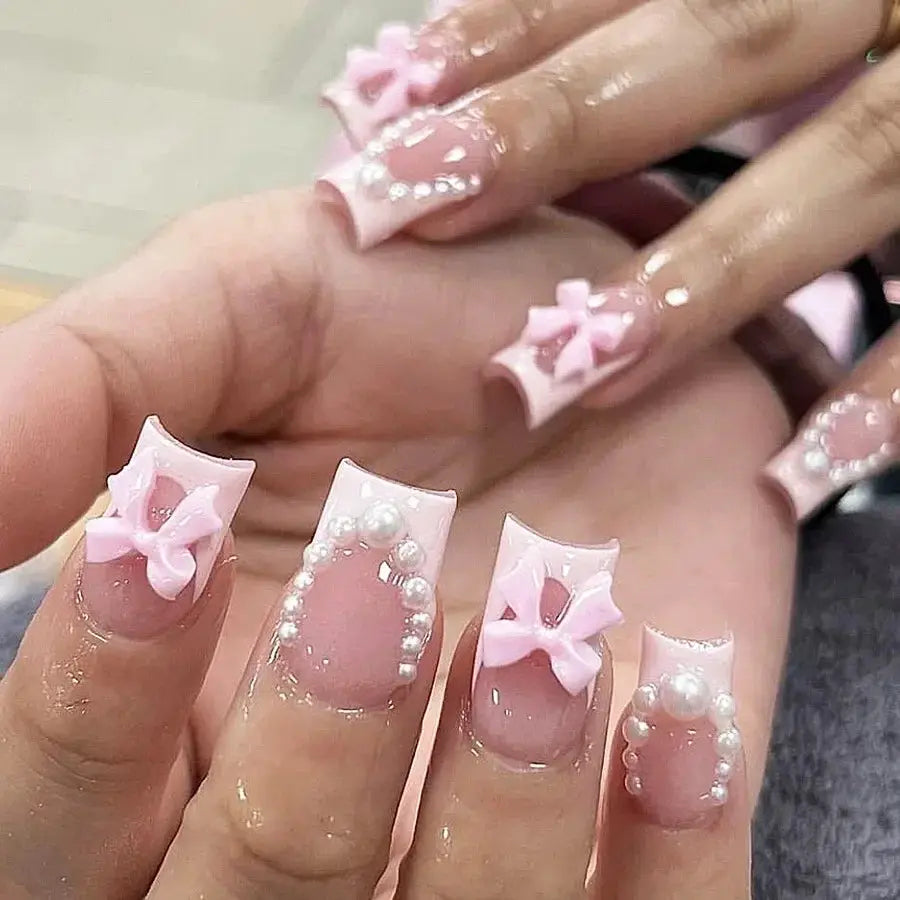 Mid Long Pink Leopard Press-On Nails with Bow by Cashymart