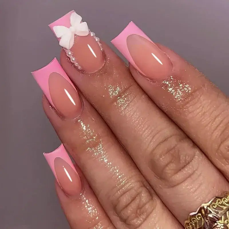 Mid Long Pink Leopard Press-On Nails with Bow by Cashymart