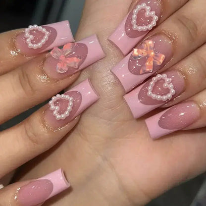 Mid Long Pink Leopard Press-On Nails with Bow by Cashymart