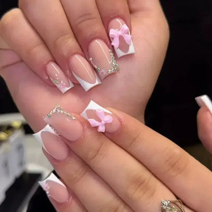 Mid Long Pink Leopard Press-On Nails with Bow by Cashymart