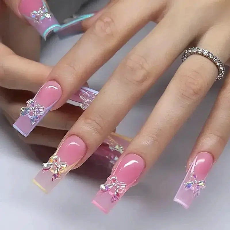 Mid Long Pink Leopard Press-On Nails with Bow by Cashymart