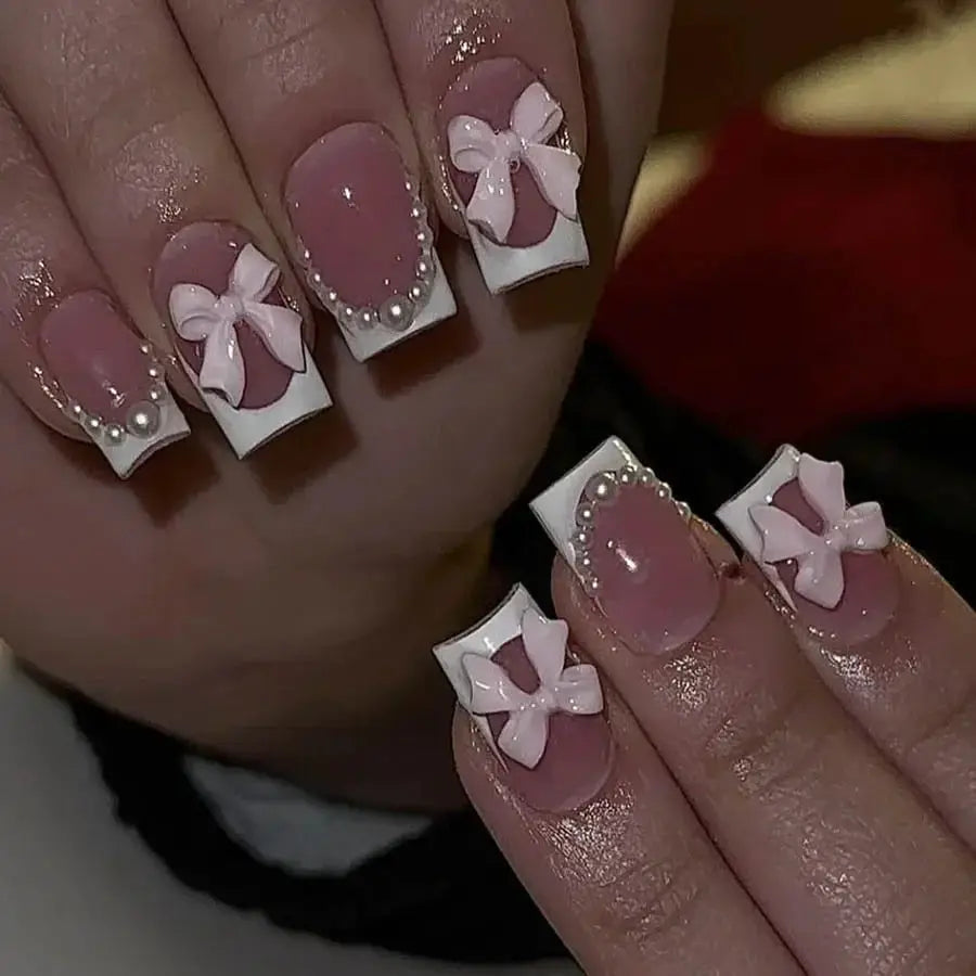 Mid Long Pink Leopard Press-On Nails with Bow by Cashymart