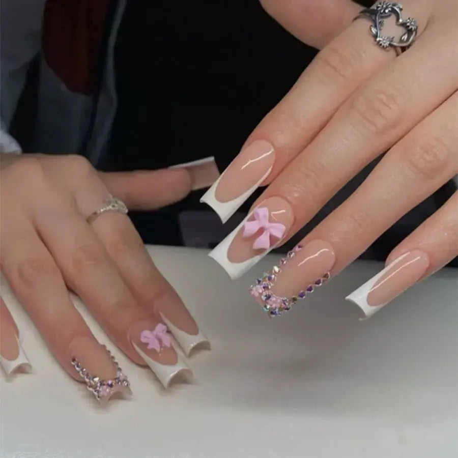 Mid Long Pink Leopard Press-On Nails with Bow by Cashymart