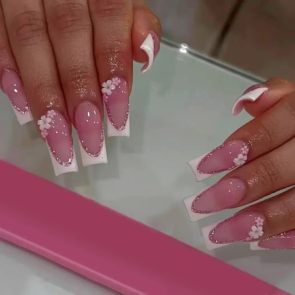 Mid Long Pink Leopard Press-On Nails with Bow by Cashymart