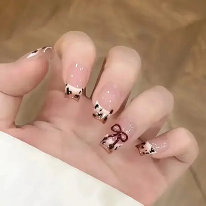 Mid Long Pink Leopard Press-On Nails with Bow by Cashymart