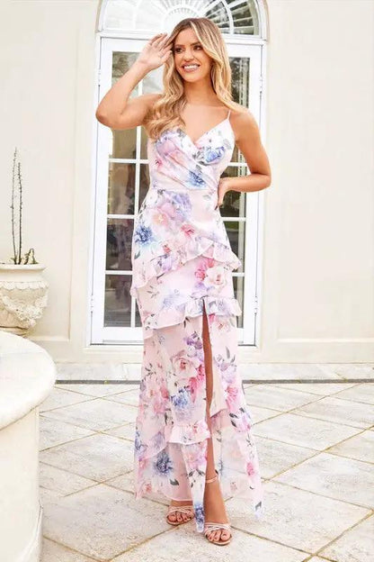 Pink Floral Strappy Wrap Maxi Dress by Aftershock London
