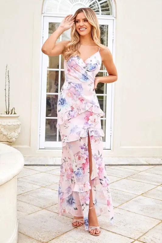 Pink Floral Strappy Wrap Maxi Dress by Aftershock London