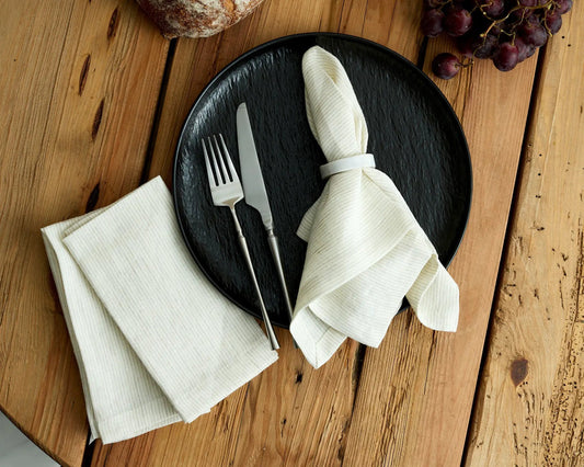Beaune Linen Table Napkin White with Lines Pattern Set by What a Host