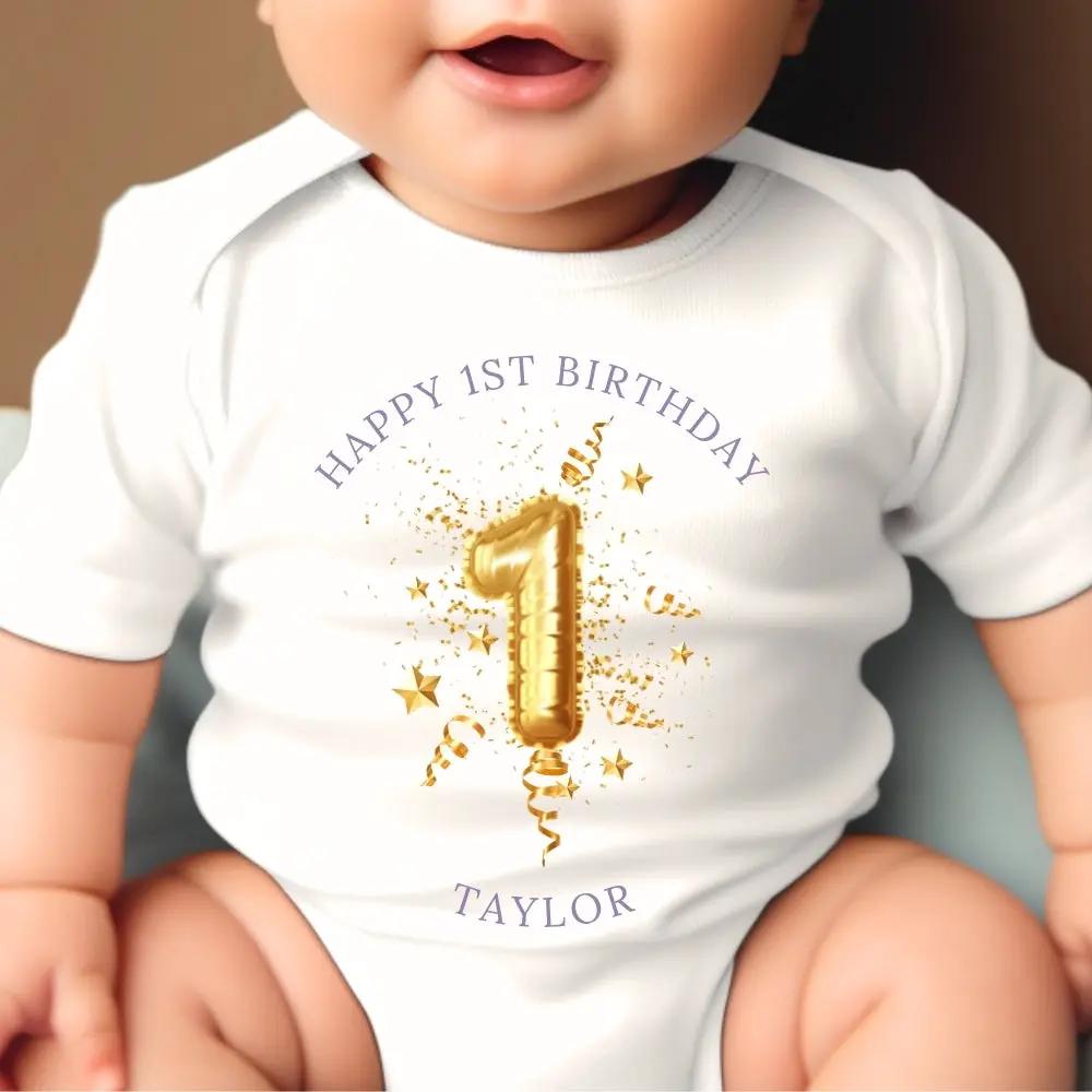 Personalised 1st Birthday Gold Balloon Baby Outfit: Bib, Vest, Baby Grow by Aye Do Gifts