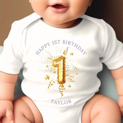 Personalised 1st Birthday Gold Balloon Baby Outfit: Bib, Vest, Baby Grow by Aye Do Gifts