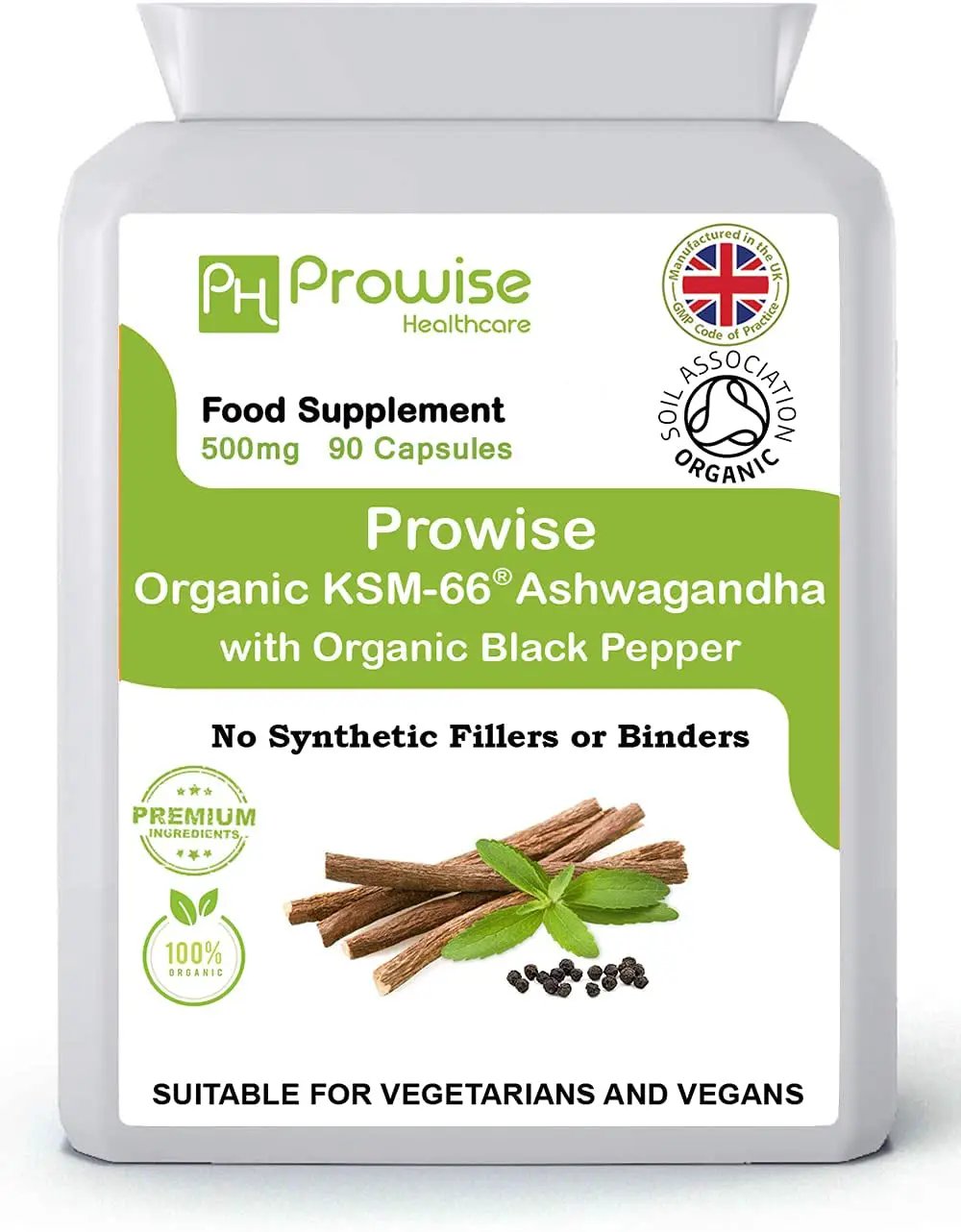 KSM-66 Ashwagandha with Organic Black Pepper 500mg 90 Capsules by Prowise Healthcare