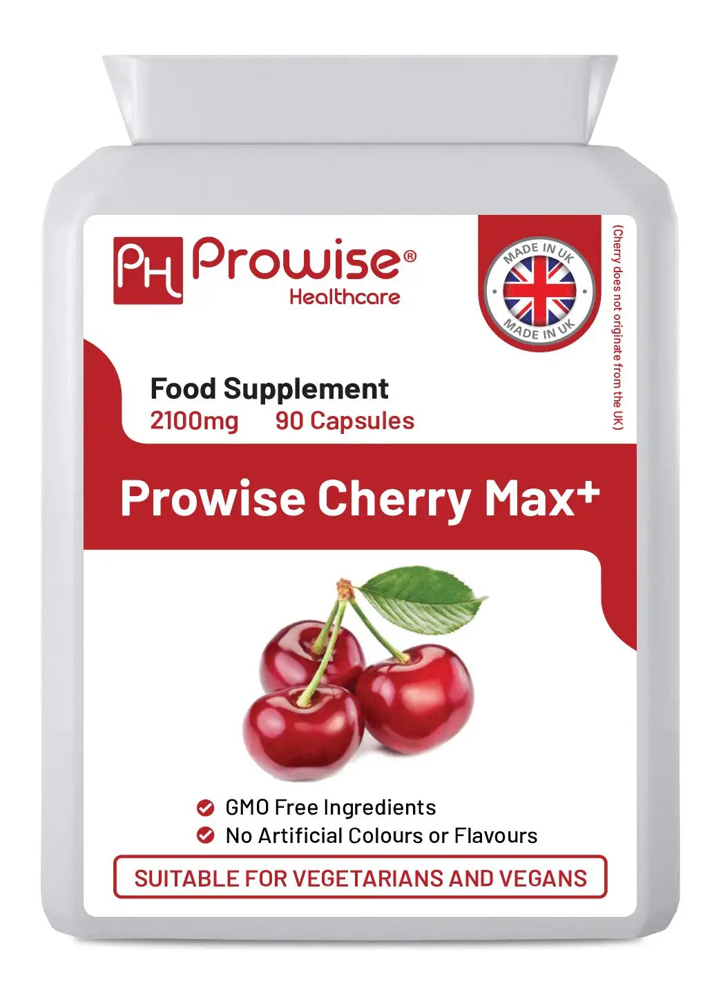 Cherry Max+ 2100mg Montmorency Cherry Added with Black Cherry I 90 Vegan Capsules High Strength I Made in The UK by Prowise Healthcare