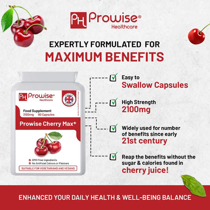 Cherry Max+ 2100mg Montmorency Cherry Added with Black Cherry I 90 Vegan Capsules High Strength I Made in The UK by Prowise Healthcare