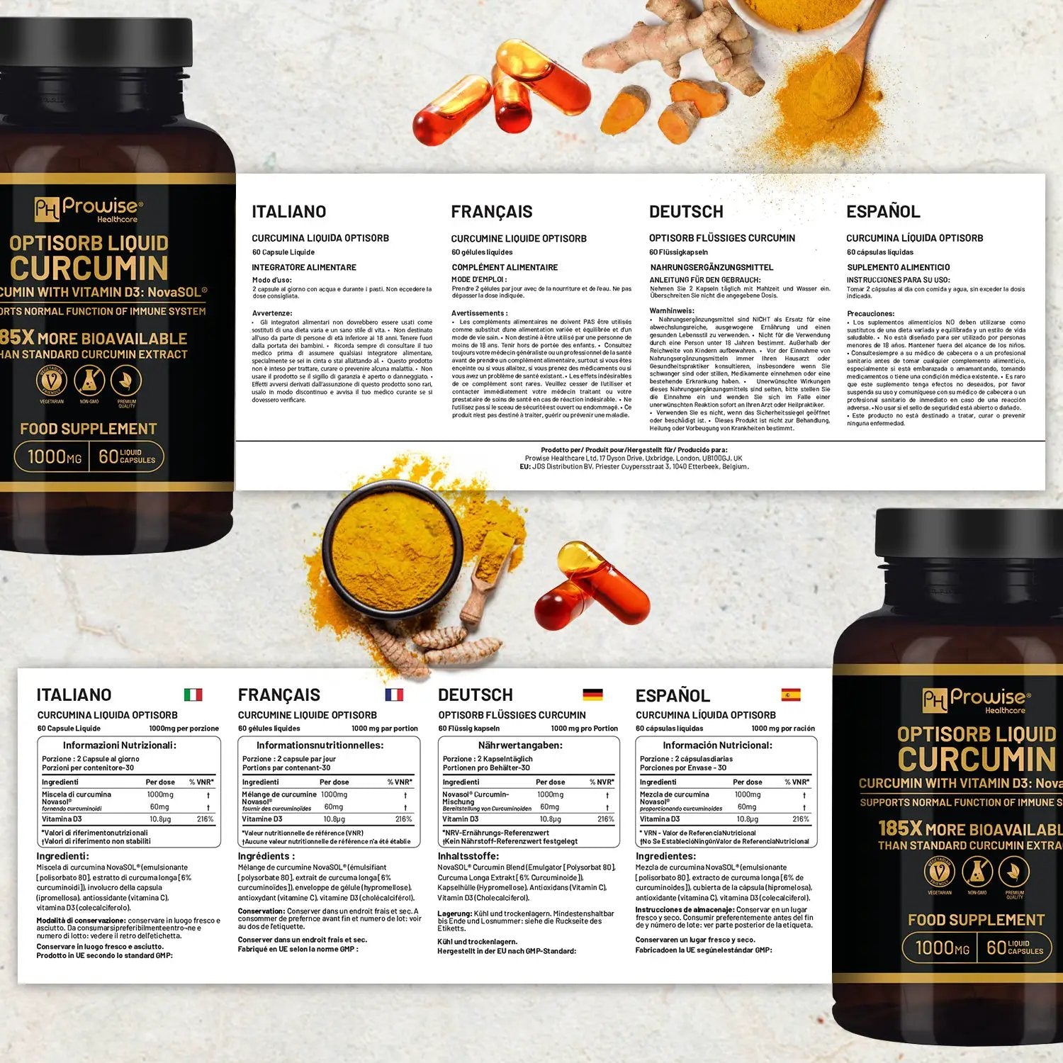 Optisorb Liquid Curcumin with Vitamin D - 60 Liqcaps by Prowise Healthcare
