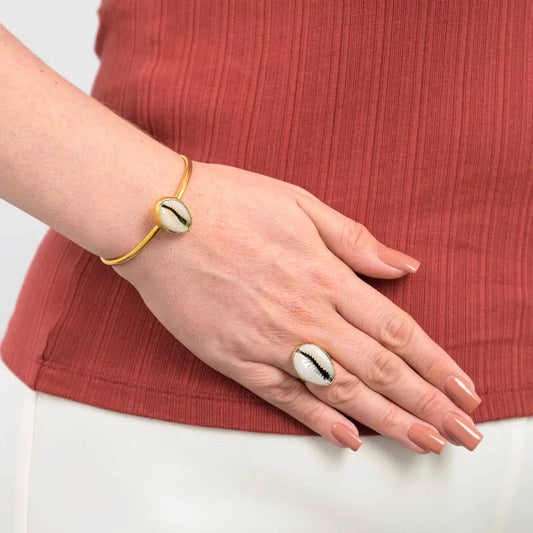 Cowrie Shell Recycled Brass Adjustable Bangle by Paguro Upcycle