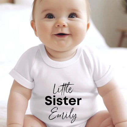 Personalised Little Sister Baby Outfit: Bib, Vest, Grow by Aye Do Gifts