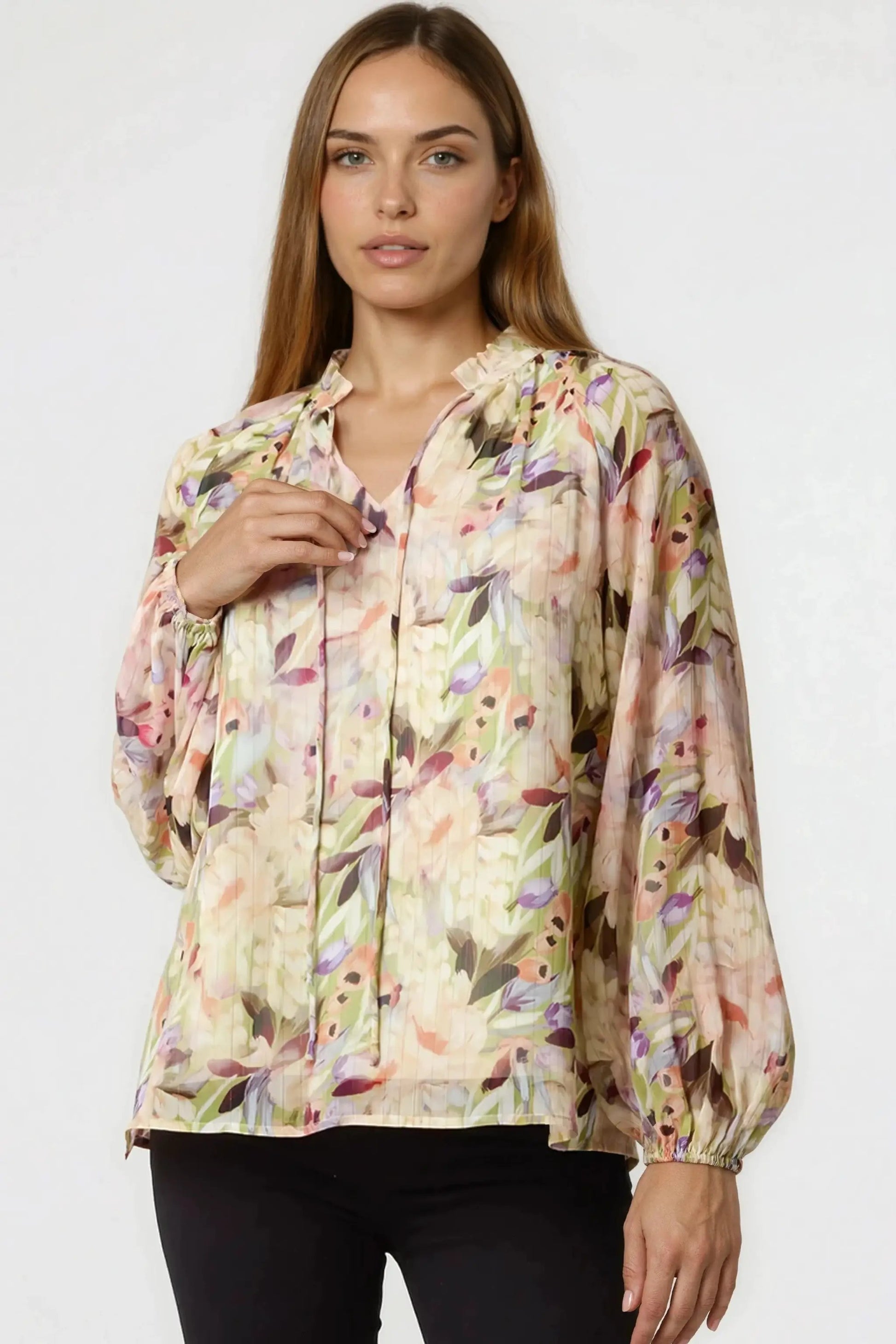Green Floral Print Tie Neck Blouse by Aftershock London
