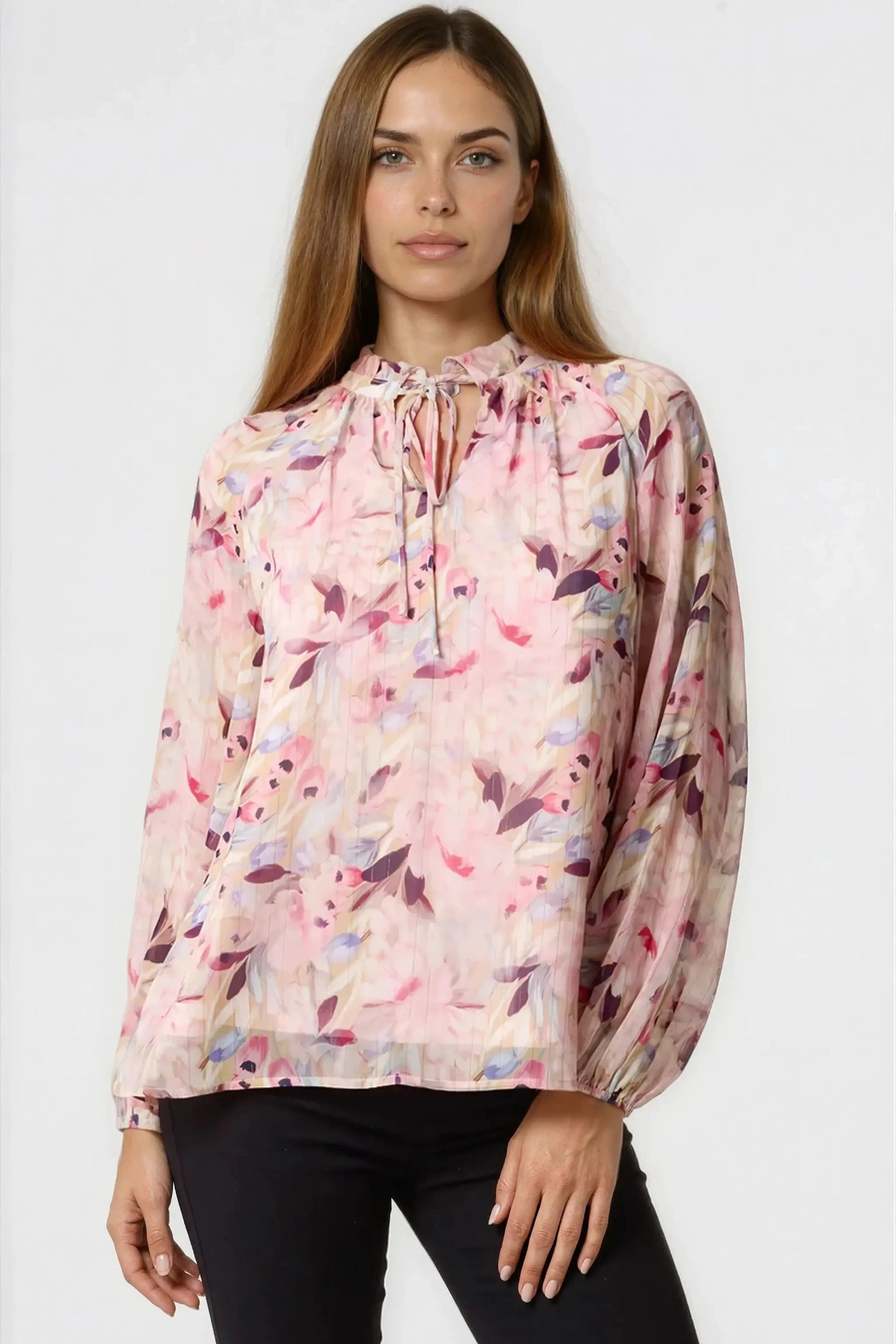 Pink Floral Print Tie Neck Blouse by Aftershock London