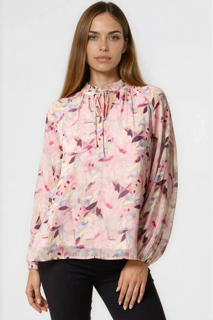 Pink Floral Print Tie Neck Blouse by Aftershock London