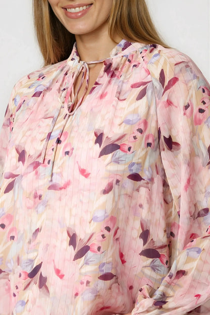 Pink Floral Print Tie Neck Blouse by Aftershock London