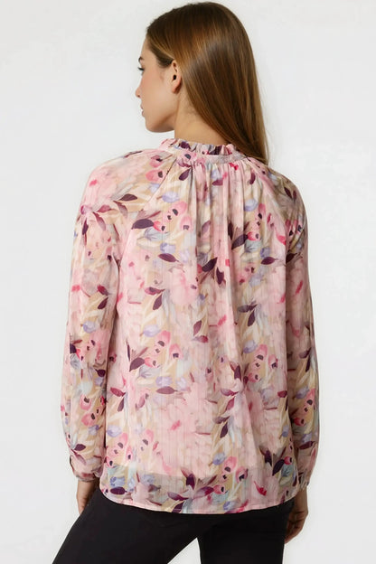 Pink Floral Print Tie Neck Blouse by Aftershock London