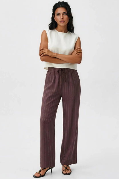 Brown Linen Blend Pin Striped Wide Leg Trousers by Aftershock London