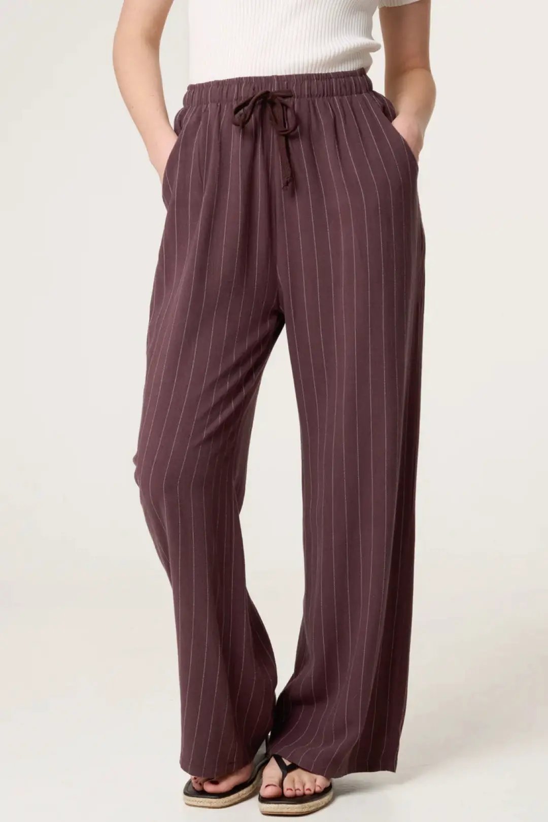 Brown Linen Blend Pin Striped Wide Leg Trousers by Aftershock London