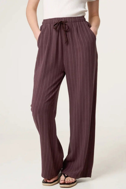 Brown Linen Blend Pin Striped Wide Leg Trousers by Aftershock London