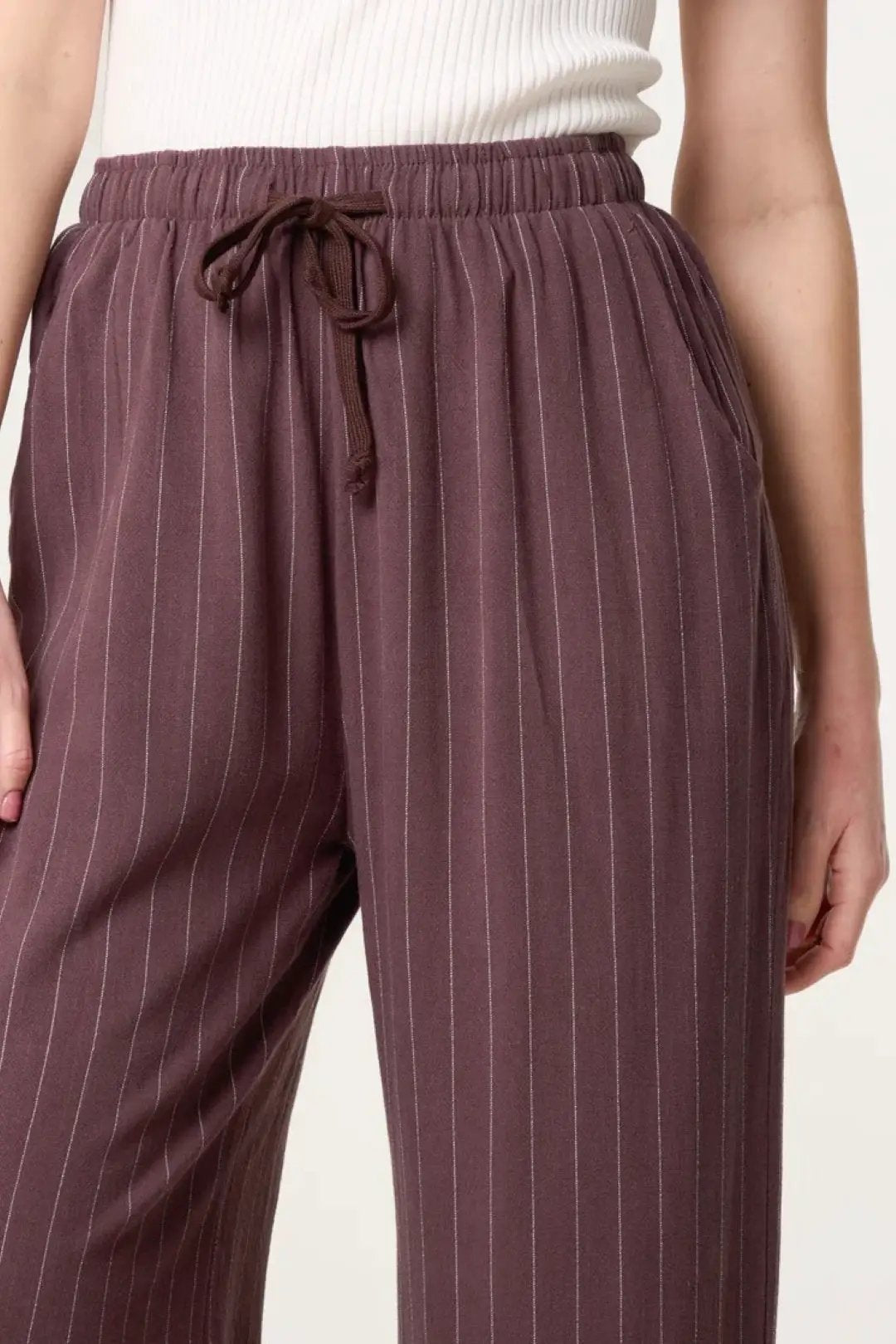 Brown Linen Blend Pin Striped Wide Leg Trousers by Aftershock London