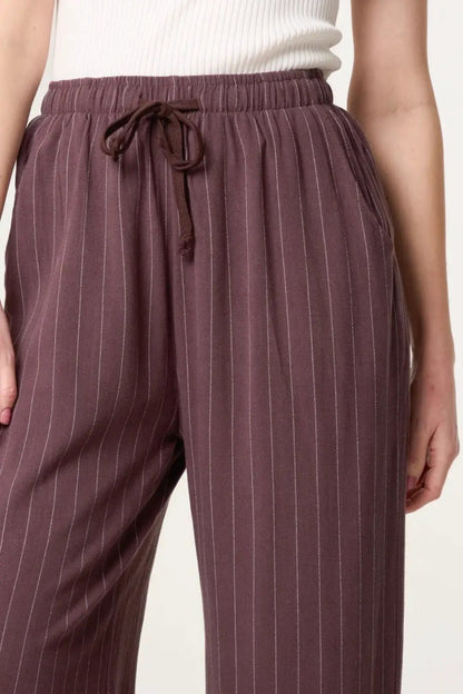 Brown Linen Blend Pin Striped Wide Leg Trousers by Aftershock London