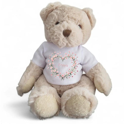 Personalised Luxury Teddy Bear | Pink Flower Heart T-Shirt by Aye Do Gifts