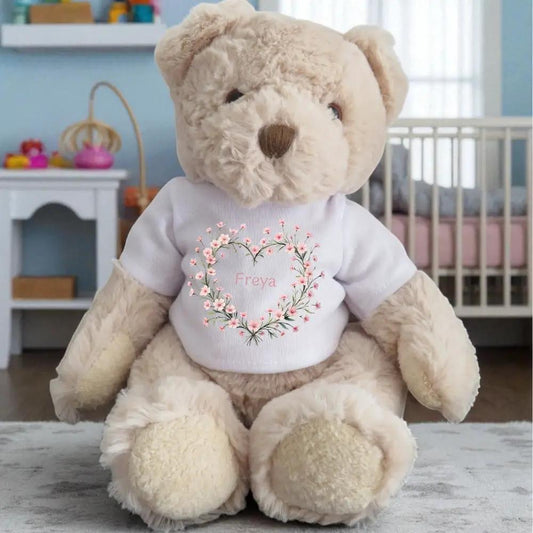 Personalised Luxury Teddy Bear | Pink Flower Heart T-Shirt by Aye Do Gifts