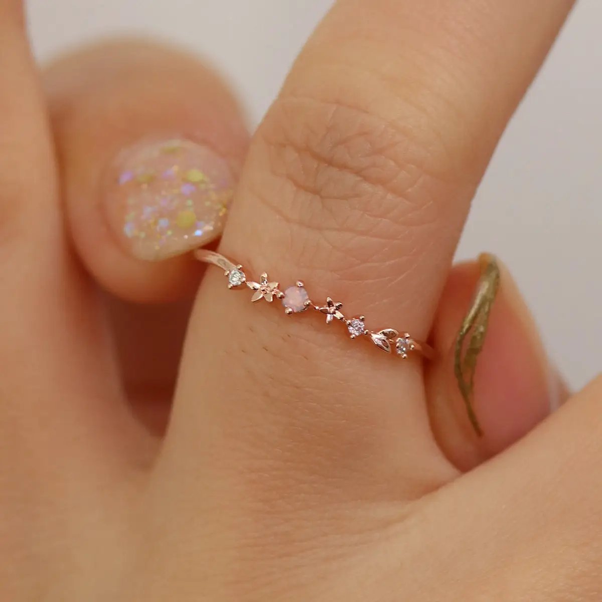 Rose quartz laurel ring by Nabi London