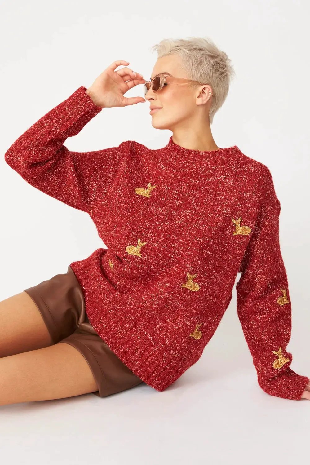 Red Glitter Christmas Jumper with Deer Embroidery by Jayley
