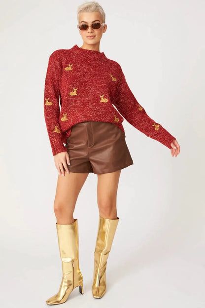 Red Glitter Christmas Jumper with Deer Embroidery by Jayley