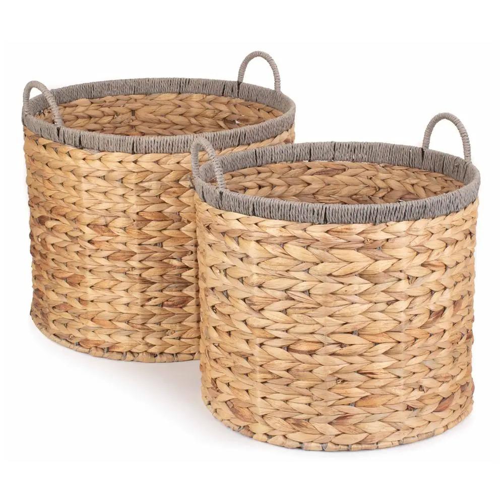 Round Water Hyacinth Storage Basket With Grey Rope Border by Red Hamper