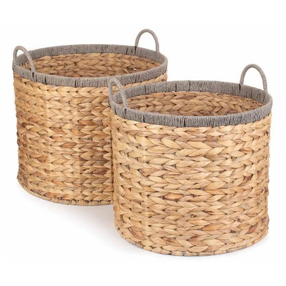 Round Water Hyacinth Storage Basket With Grey Rope Border by Red Hamper