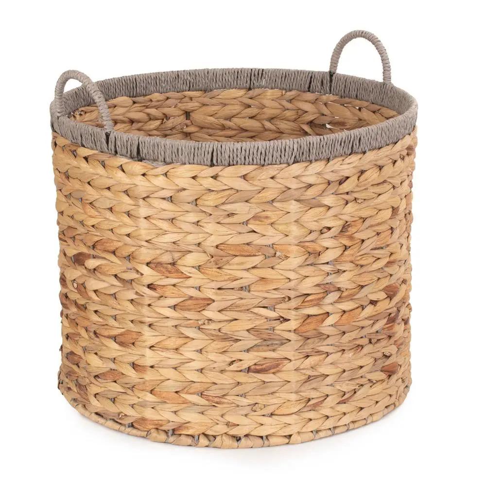 Round Water Hyacinth Storage Basket With Grey Rope Border by Red Hamper