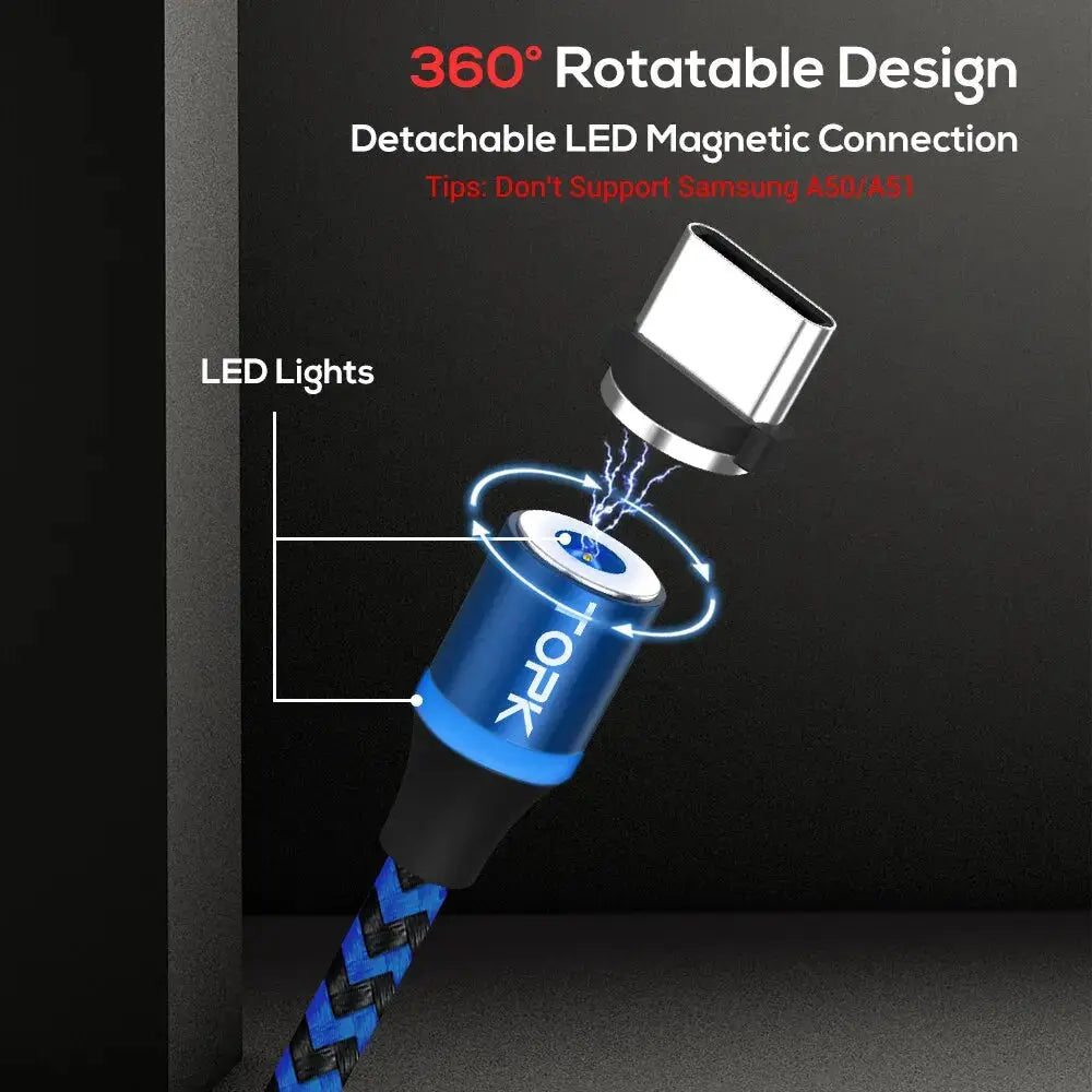 Magnetic Charging Cable 3 IN 1 TOPK 360 Rotation Magnetic Phone Charger Cable with LED Light for Micro USB Type C Cable by All Mart Bristol Ltd
