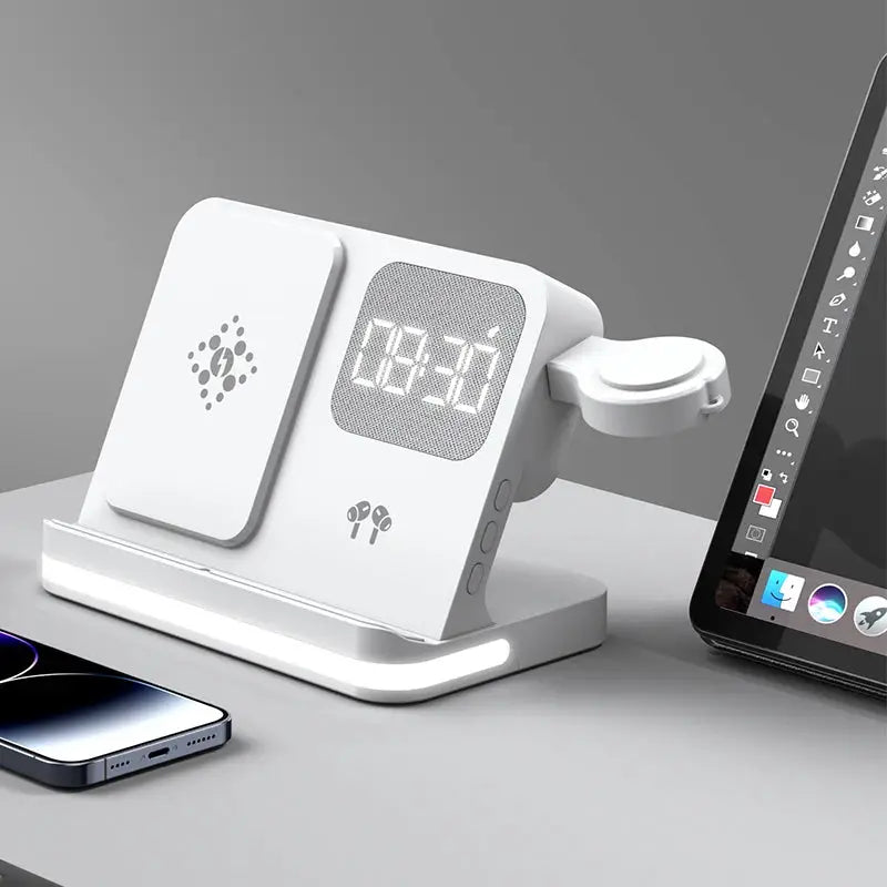 Four in one desktop clock wireless charger that can charge phones, headphones, and watches simultaneously by All Mart Bristol Ltd