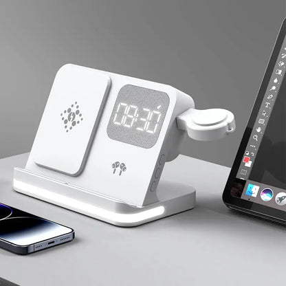 Four in one desktop clock wireless charger that can charge phones, headphones, and watches simultaneously by All Mart Bristol Ltd