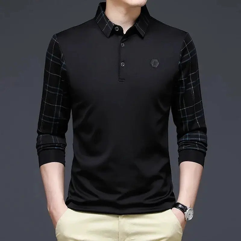 BROWON Long Sleeve T Shirt Men Spring and Autumn Business Casual Slim Turn-down Collar Geometric Pattern Tshirt Men Clothing by All Mart Bristol Ltd