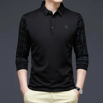 BROWON Long Sleeve T Shirt Men Spring and Autumn Business Casual Slim Turn-down Collar Geometric Pattern Tshirt Men Clothing by All Mart Bristol Ltd