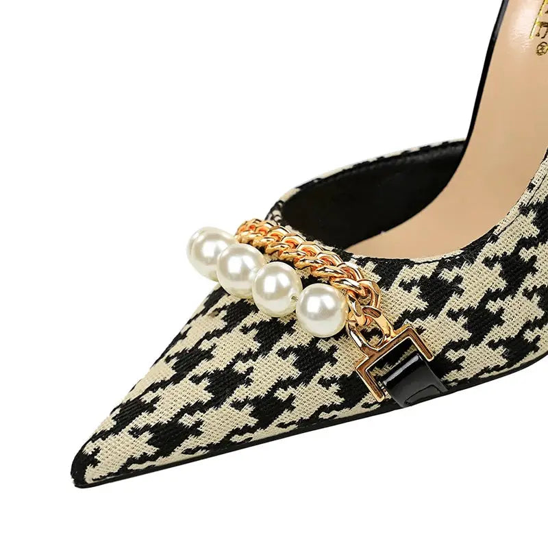 BIGTREE Shoes 2026 Spring Women Pumps Pearl Metal Chain High-heels Checked Grain Stilettos Women Heels Luxury Banquet Shoes 43 by All Mart Bristol Ltd