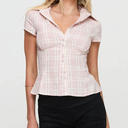 hirigin Women's Y2K Short Sleeve Plaid Button Down Shirt Button Down Blouses Tops Casual Summer Shirt Tops 90s Streetwear by All Mart Bristol Ltd