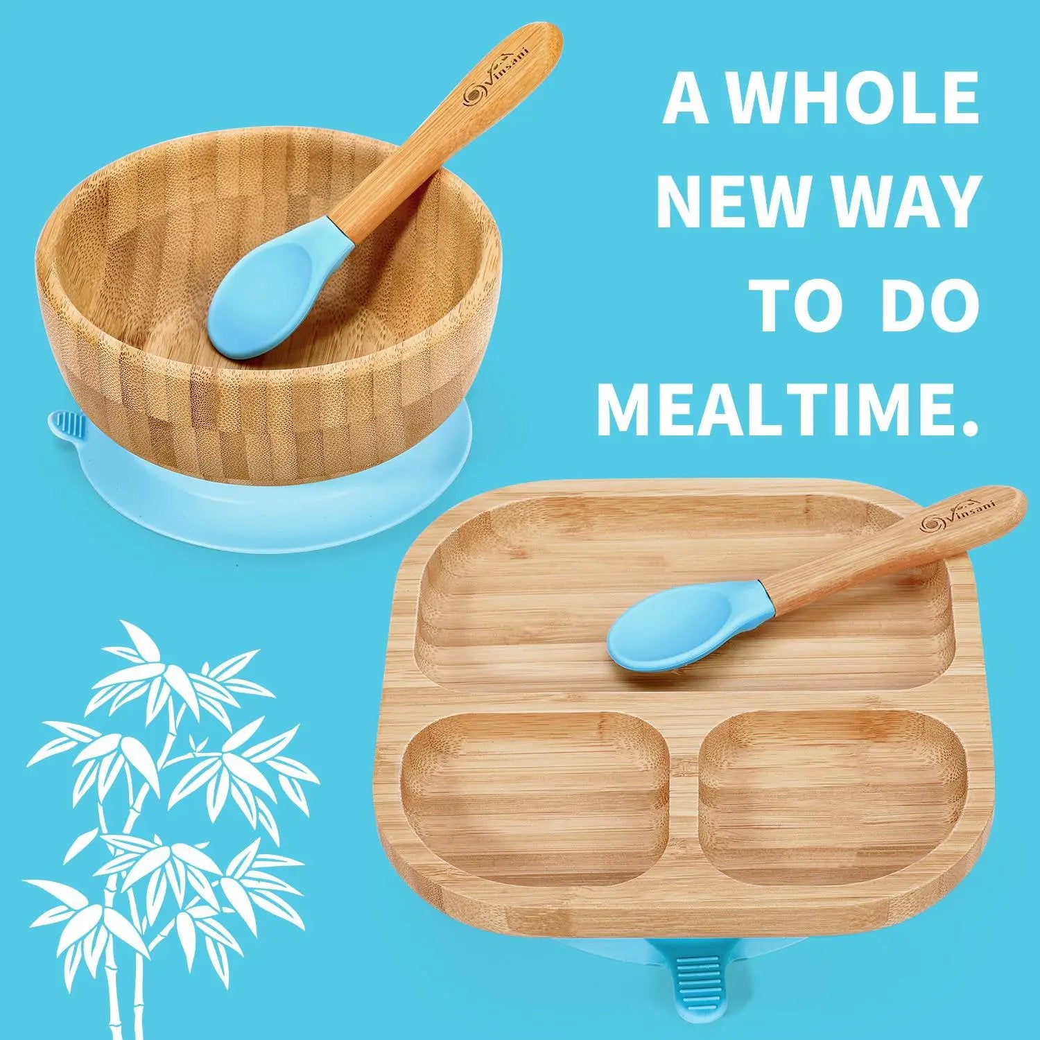VINSANI BAMBOO BOWL, SQUARE PLATE & SPOON SET by Vinsani