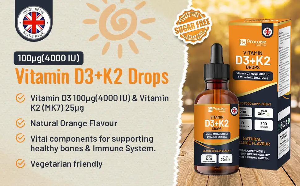 Vitamin D3 4000iu + K2 MK7 25µg Orange Liquid Drops I High Strength 30ml Bottle by Prowise Healthcare