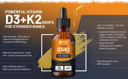Vitamin D3 4000iu + K2 MK7 25µg Orange Liquid Drops I High Strength 30ml Bottle by Prowise Healthcare