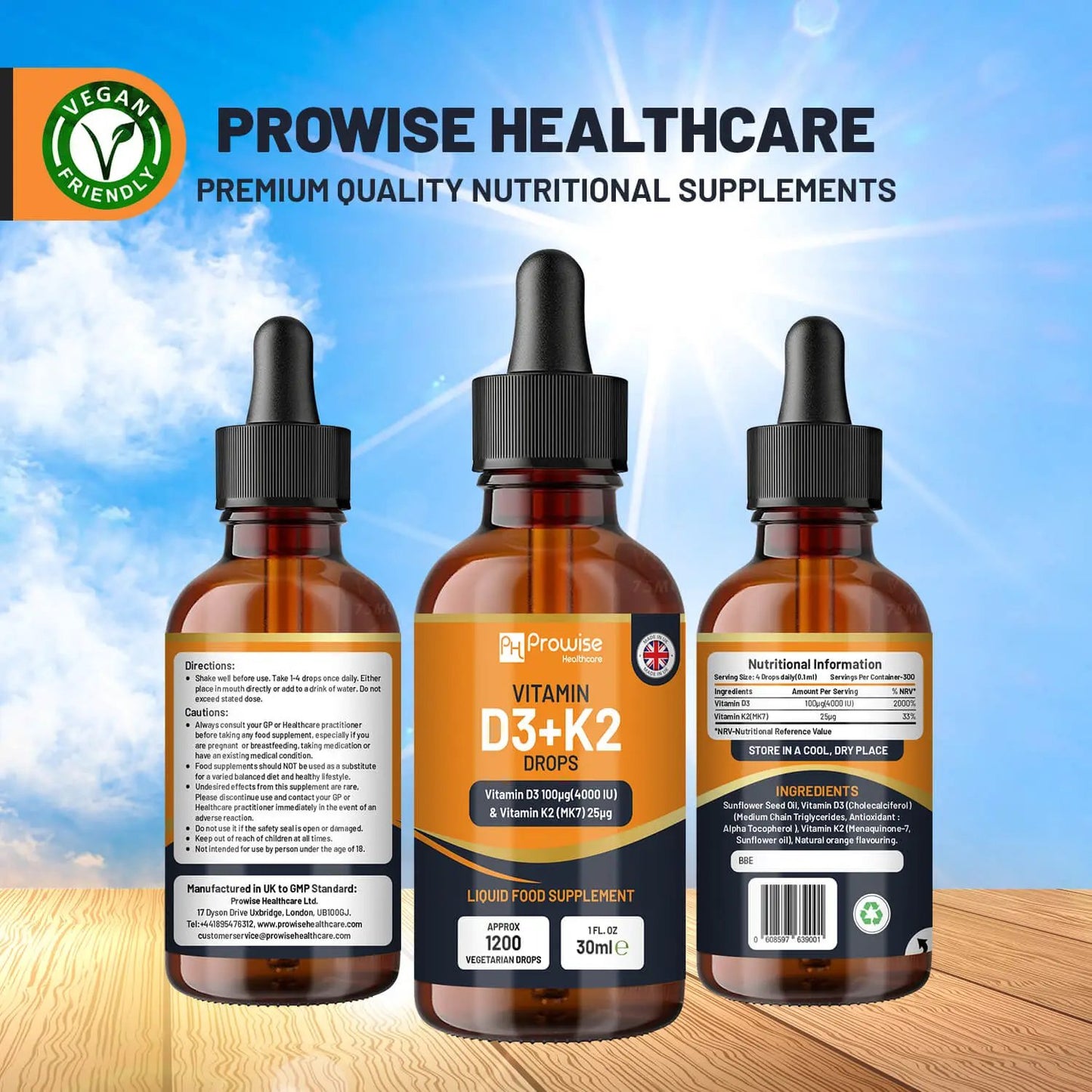 Vitamin D3 4000iu + K2 MK7 25µg Orange Liquid Drops I High Strength 30ml Bottle by Prowise Healthcare